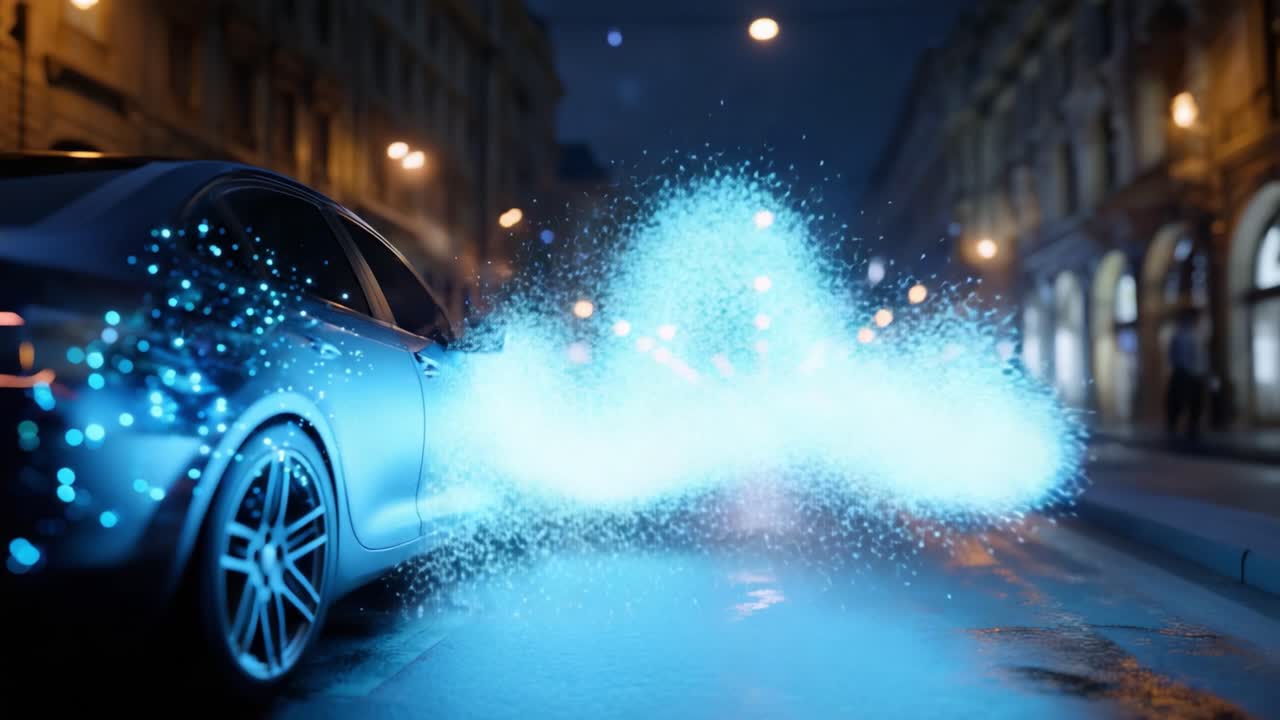 Scena notturna dinamica: un'auto futuristica che lascia una scia di particelle blu scintillanti su una strada cittadina, illuminata da splendide luci urbane
