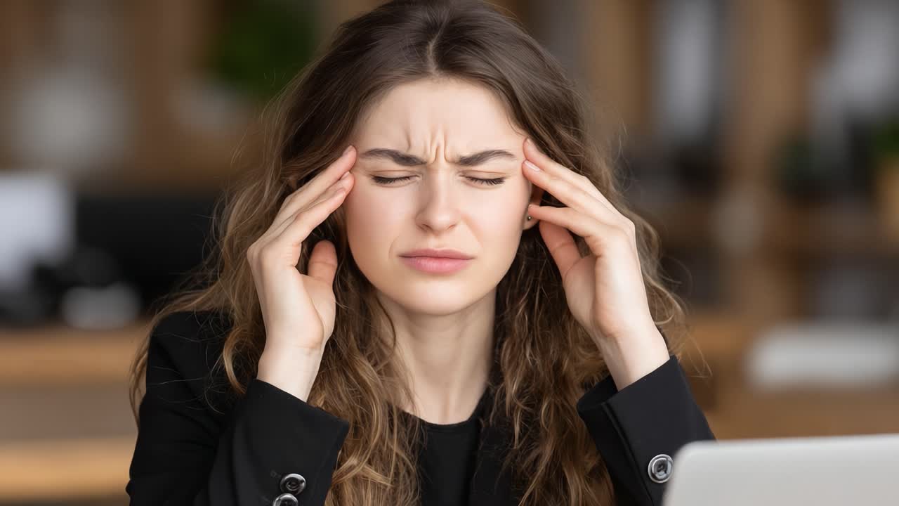 A Young Woman Experiencing Stress and Discomfort While Working at a Desk, Showing Signs of Frustration and Headache with Hands on Her Head in a Modern Workspace