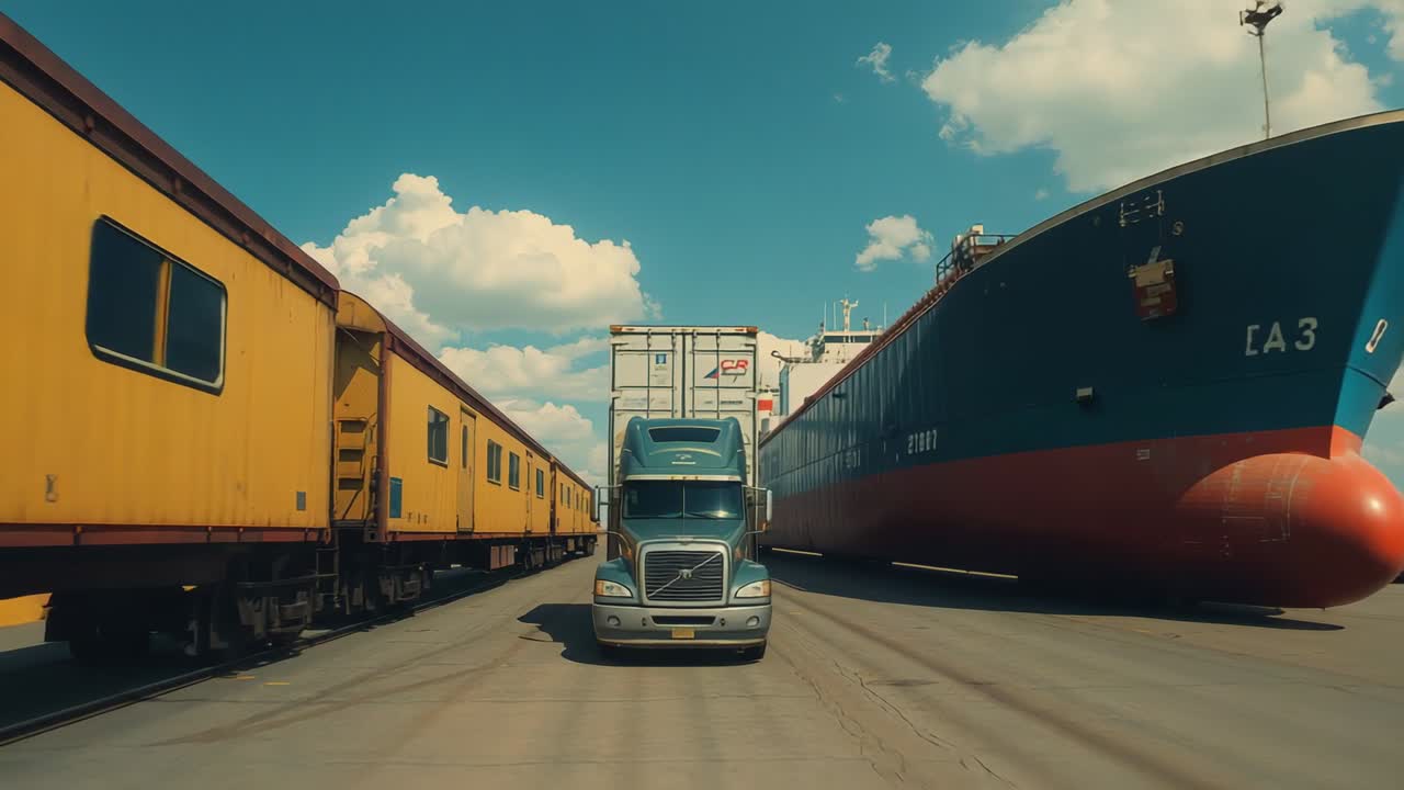 Receiving clearance, Volvo semi-truck advancing between yellow train and container ship at port