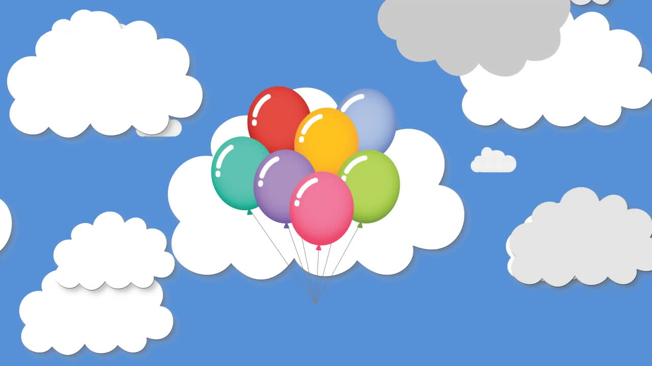 파란색 배경의 구름 아이콘에 대해 떠다니는 다채로운 풍선  ⁇ 어리의 디지털 애니메이션
