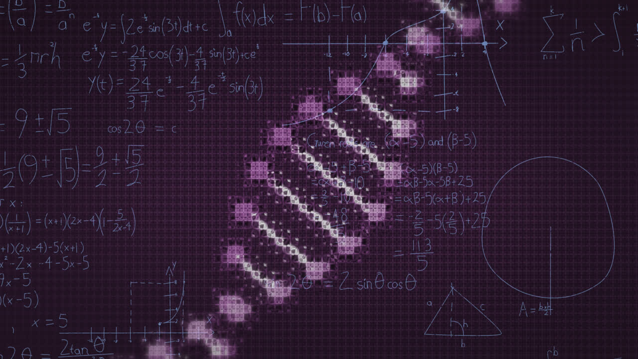 animación de ecuaciones matemáticas sobre la cadena de adn sobre un fondo negro