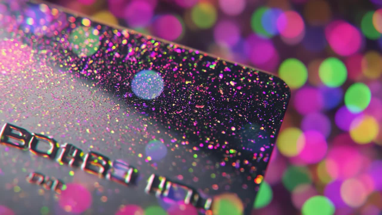 Glistening Card Against a Colorful Background of Sparkling Bokeh Lights: A Close-Up View of a Shiny Surface Reflecting Vibrant Colors and Glimmers of Light