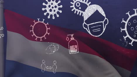 Animation-of-covid-19-virus-cells-and-digital-icons-over-flag-of-netherlands