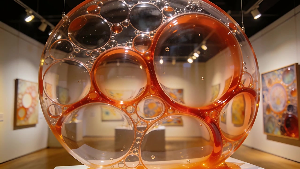 Câmera se afastando de um close-up, revelando uma escultura de orbe de bolha âmbar em um pedestal em uma galeria com arte.