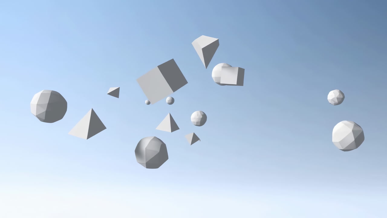 Floating Geometric Shapes In Pale Sky, Calm Minimalist D Scene With Low Poly Spheres, Cubes And Pyramids