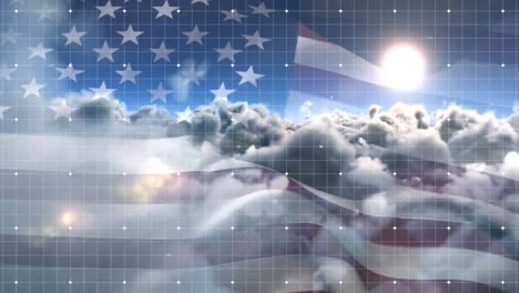 animation of grid network over waving american flag against clouds and sun in the sky