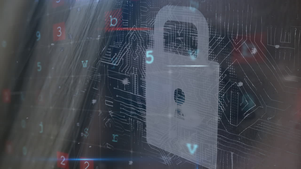 animación del candado de seguridad sobre el procesamiento de datos en fondo oscuro