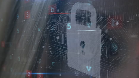 animation of security padlock over data processing on dark background