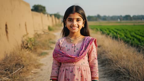 happy young girl smiling while wearing a vibrant traditional indian dress, standing on a rural path beside a field and a wall, enjoying the warmth of a sunny day in nature