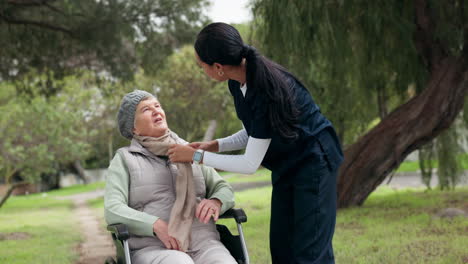 nurse, elderly care and patient on wheelchair