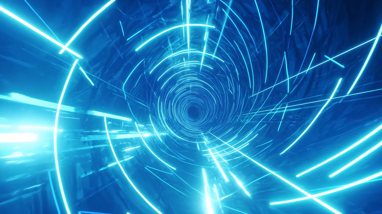 Blue Spiral Light Conduit Racing Through Wireframe Tunnel With Electric Streaks Circling Central Void, Kinetic