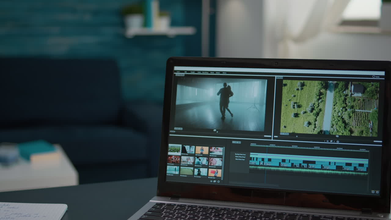 Design student working on video editing software to make montage
