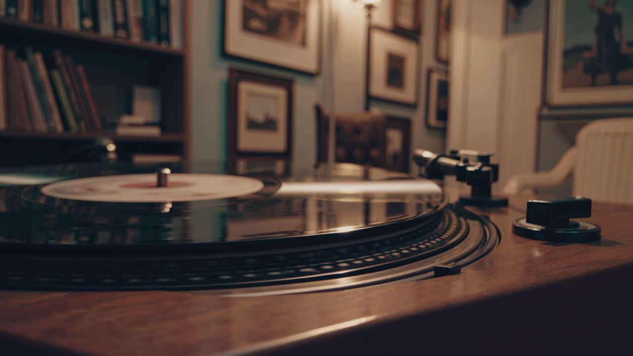 Disco in vinile vintage che gira su un giradischi, ripreso con una messa a fuoco morbida e una ripresa dal basso.