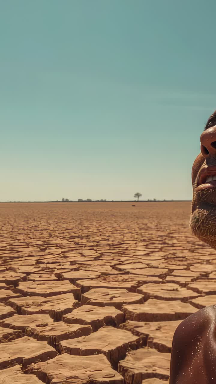 Vertical video: Emerging, redshirt man walking dry cracked mud, shirtless man sweating, copy space