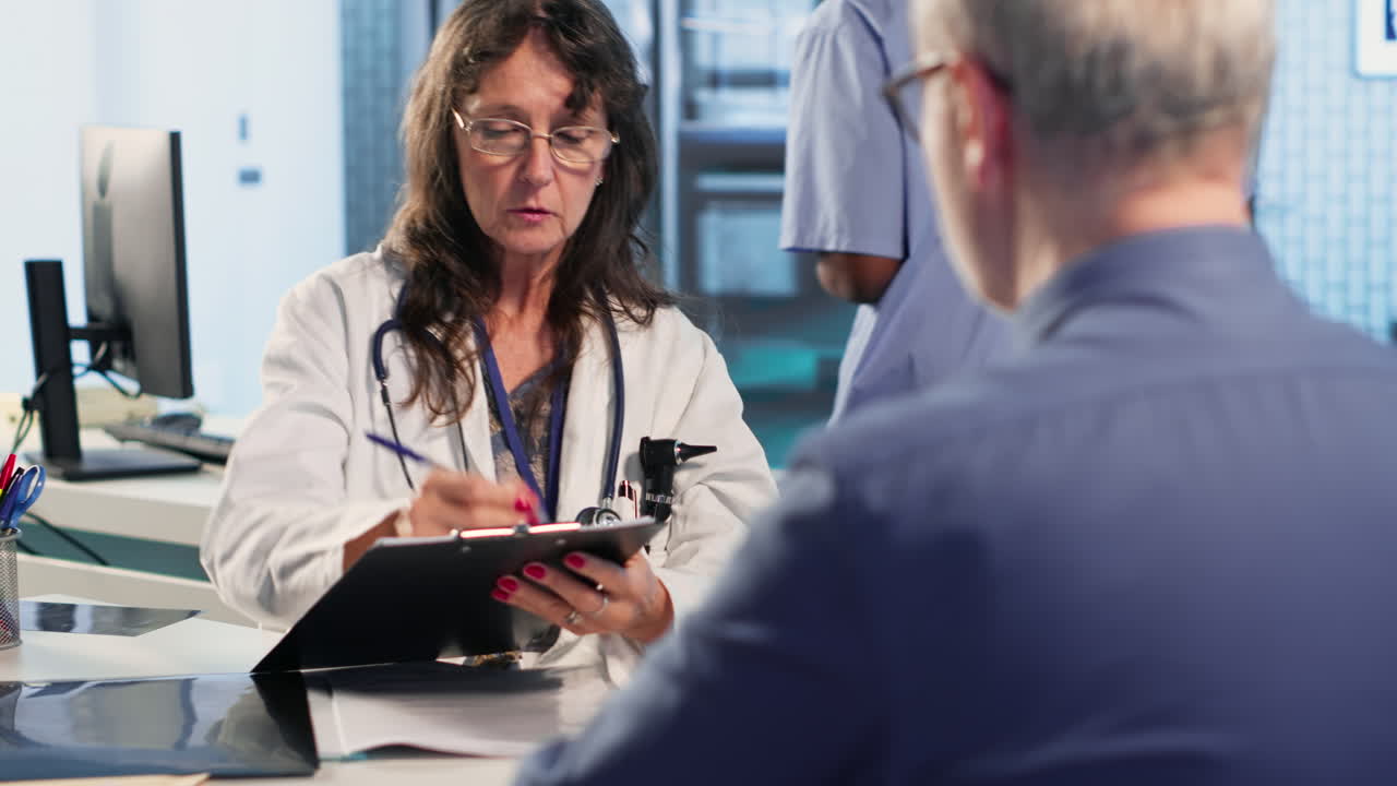 Vertical Video Skilled medical expert analyzing x ray scans for old patient on insurance