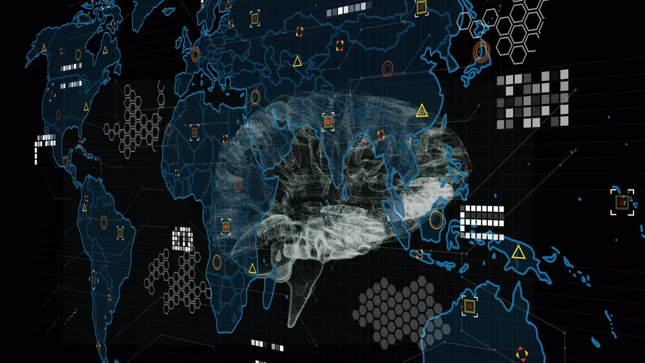mapa del mundo y procesamiento de datos sobre el cerebro humano girando contra un fondo negro