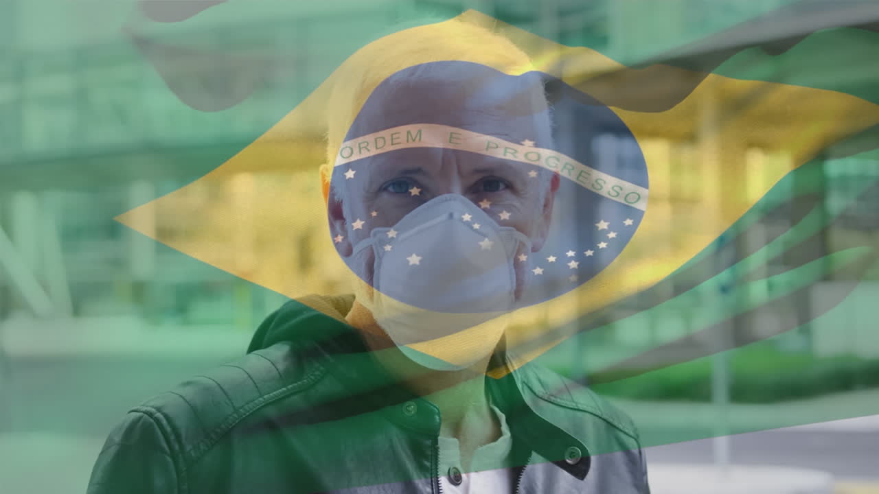 Animaatio Brasilian lipusta liehumassa valkoihoisen miehen yllä kasvomaski päällä kaupungin kadulla