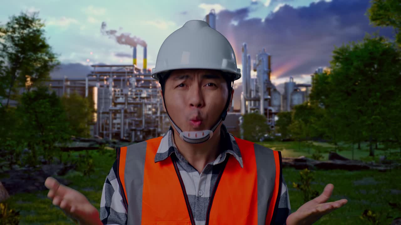 Close Up Of Wondering Asian Male Engineer With Safety Helmet Saying Why Working Doubtfully In Front Of Oil Refinery