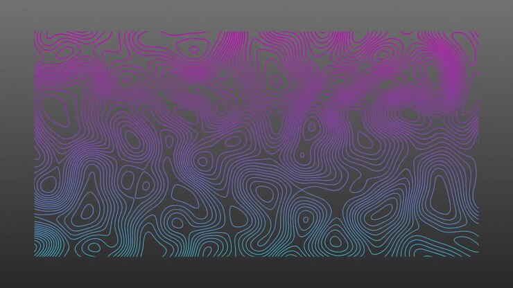 Animation of organically moving blue and pink topographic lines on grey background