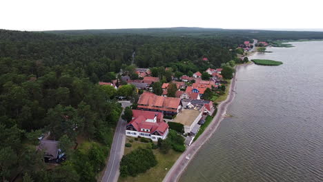 coastal town nida surrounded by dense conifer forest, aerial descend view