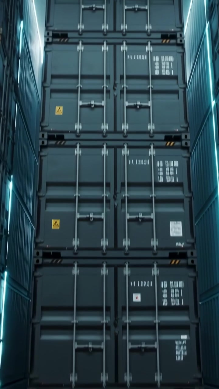 Vertical video: Tilting camera revealing stacked containers, cyan LED strips showing scale at depot