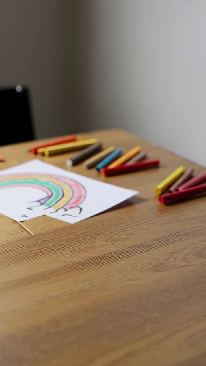 Child's Drawing on Wooden Table with Crayons