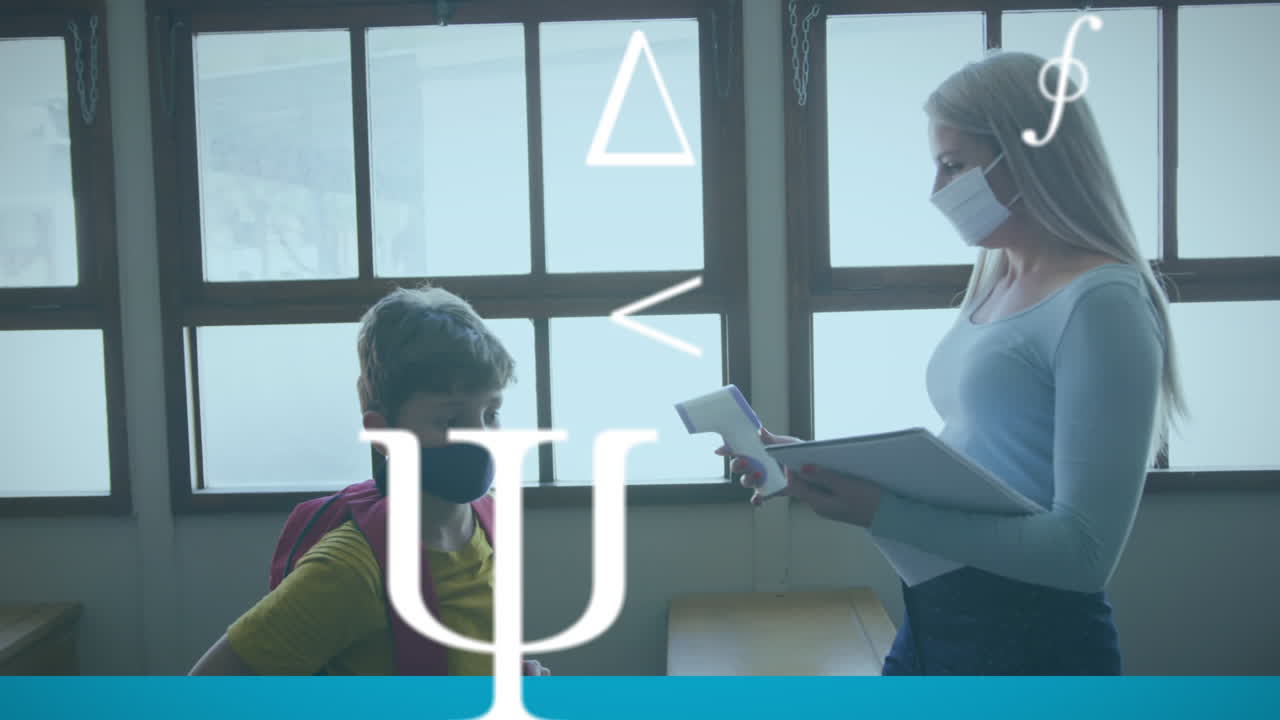 símbolos múltiples flotando contra la maestra midiendo la temperatura de los estudiantes en la escuela