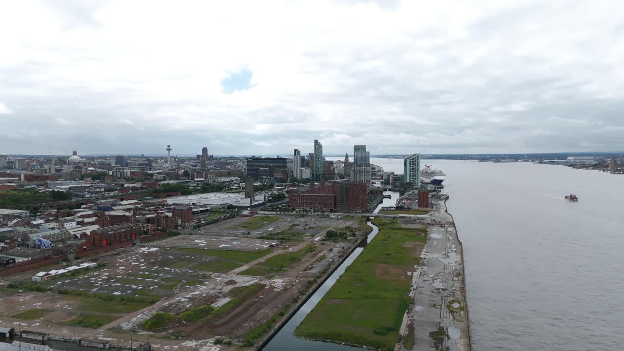 Derelict Liverpool docks and River Mersey, UK. Aerial drone, copy space