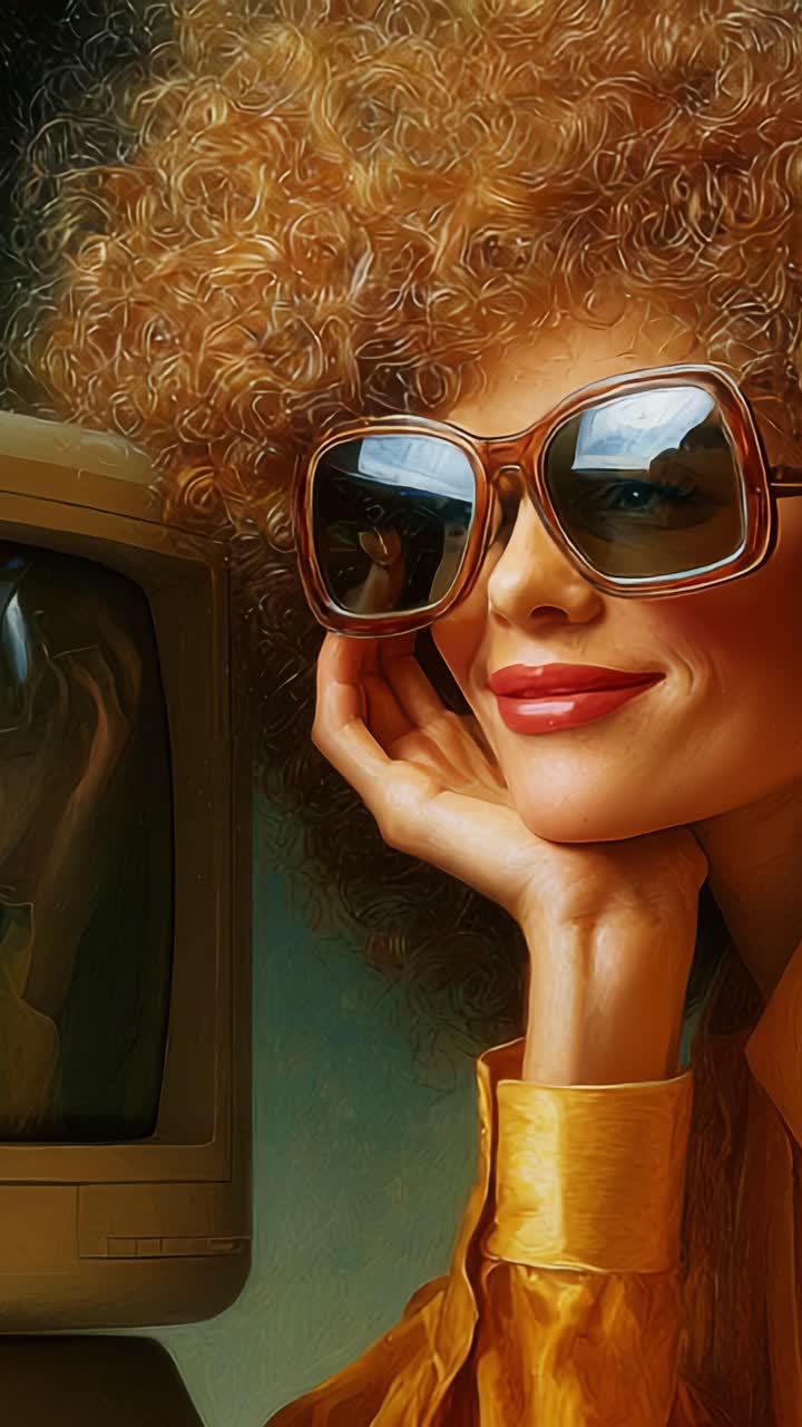 Un ritratto glamour di ispirazione retrò con una donna dai capelli ricci e occhiali da sole vintage, che cattura l'essenza della nostalgia e dello stile nell'era digitale