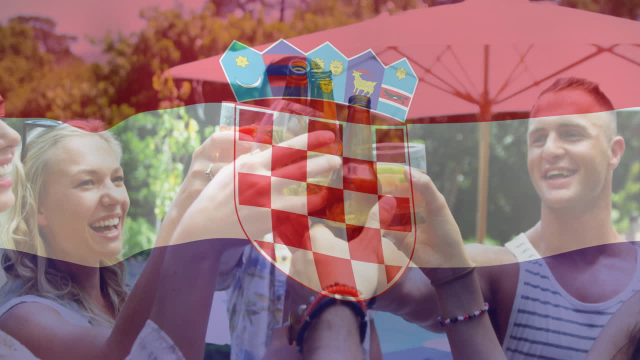 Clinking glasses in outdoor celebration with Croatian flag animation overlay