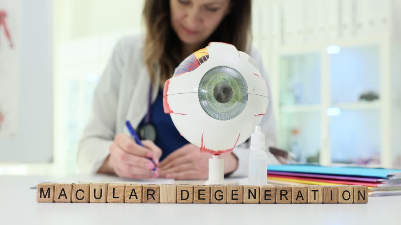 Doctor Explaining Macular Degeneration with Anatomical Eye Model