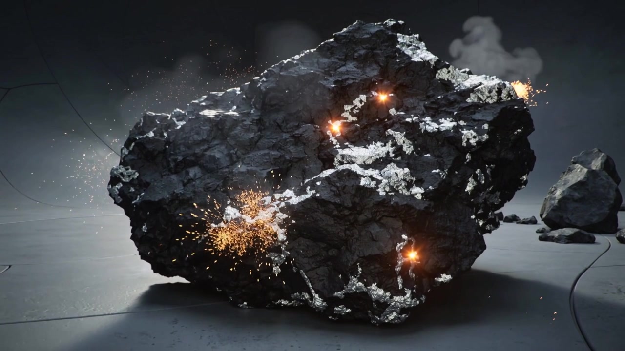 Scintille lungo le fessure, roccia scura che emette esplosioni arancioni e fumo in studio, lasciando polvere bianca