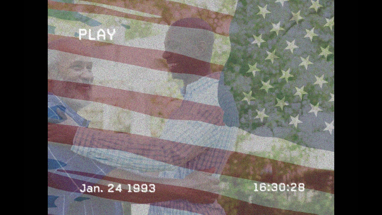 Animation of interference over flag of usa and diverse man with his adult son