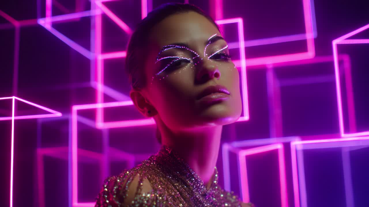 A stunning model showcases a breathtaking style adorned with shimmering makeup and intricate designs set against a vibrant neon backdrop, capturing the essence of modern beauty and artistic expression