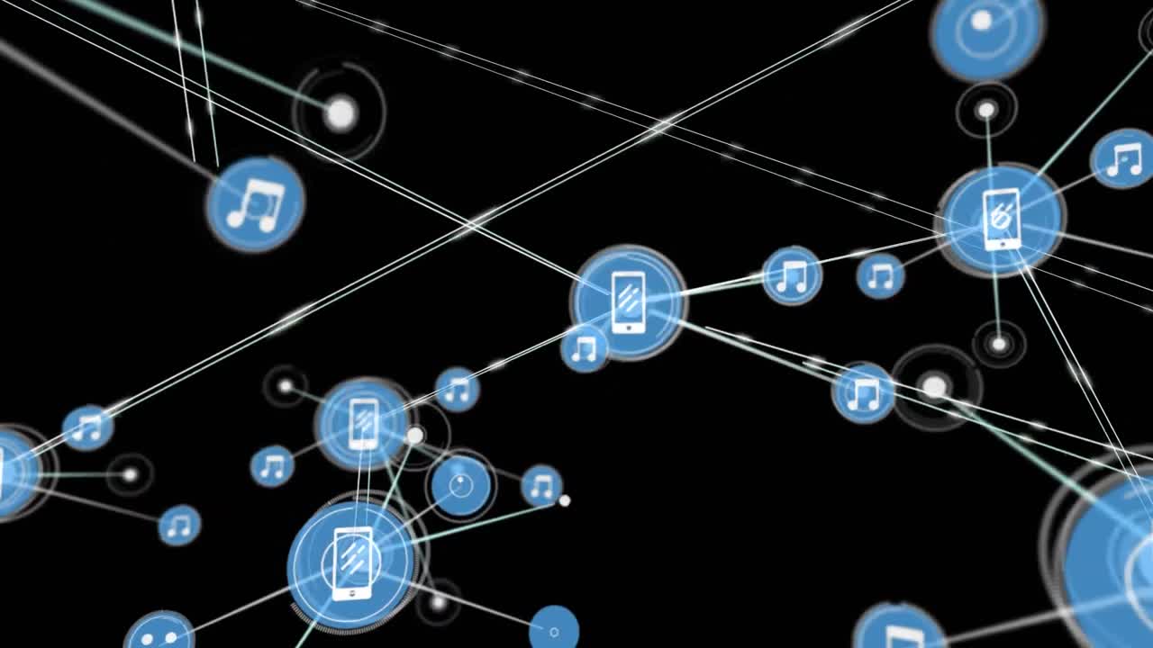 animación de redes de conexiones con iconos sobre fondo negro