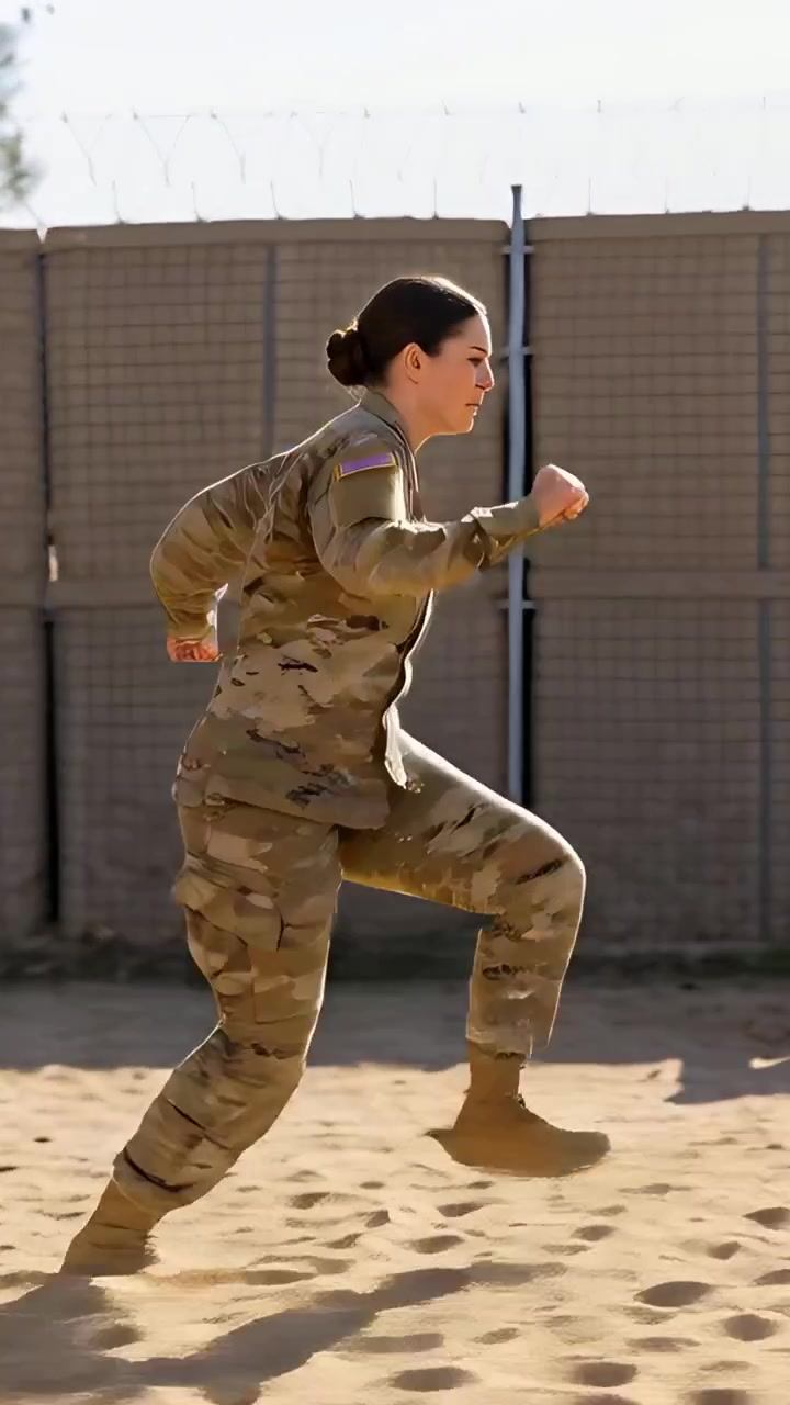 Vertical video: Stepping into sandy lane, running service member in camo vaulting wall for training
