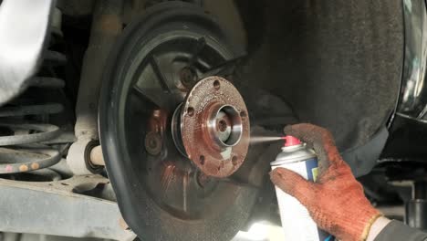 applying lubricant to car brake hub