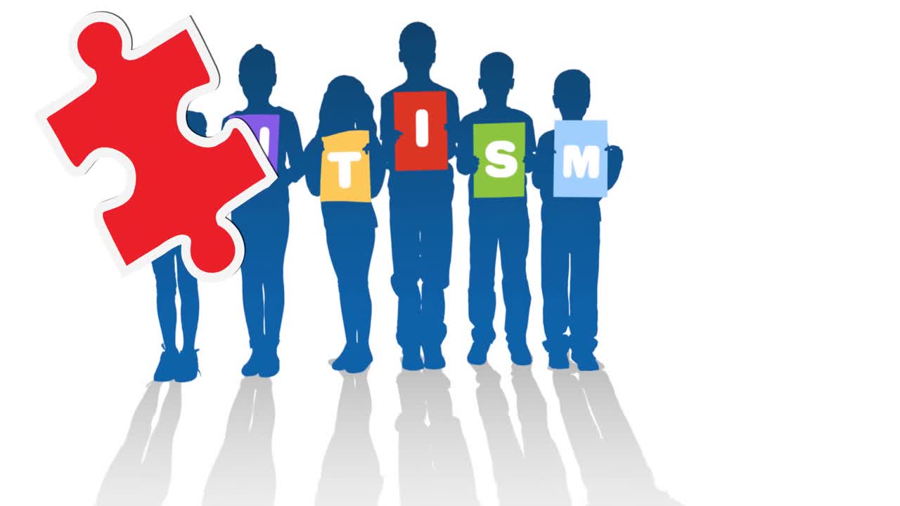 animación de piezas de rompecabezas rojas y amarillas que caen sobre texto de autismo sobre fondo blanco