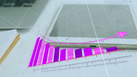 animación del procesamiento de datos estadísticos contra una tableta digital, una computadora portátil y papeles en blanco en una mesa