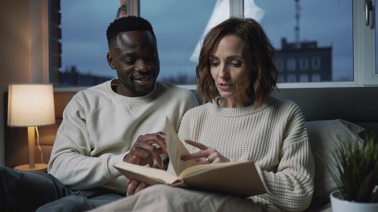 Holding hardback book lady reading aloud man pointing turning pages on sofa sharing story casual