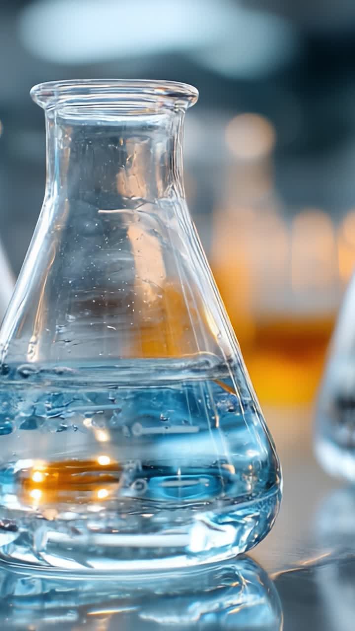 Una vista ravvicinata di becher da laboratorio scientifico pieni di liquido trasparente e colori vivaci, evidenziando l'importanza della chimica nei processi sperimentali.
