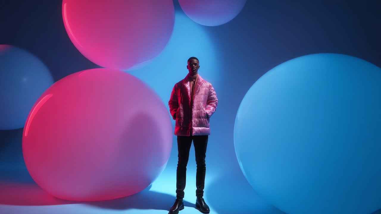 A striking fashion statement featuring a model in a shiny pink puffer coat, set against an artistic backdrop of colorful glowing spheres that evoke a modern and vibrant atmosphere