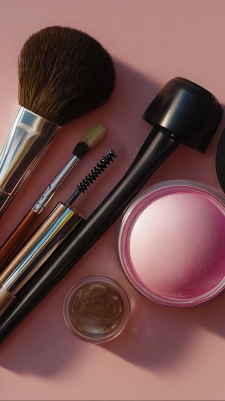 A Collection of Makeup Tools and Products Displayed on a Soft Pink Surface, Featuring Brushes, Blush, and Other Essential Beauty Accessories for Makeup Application
