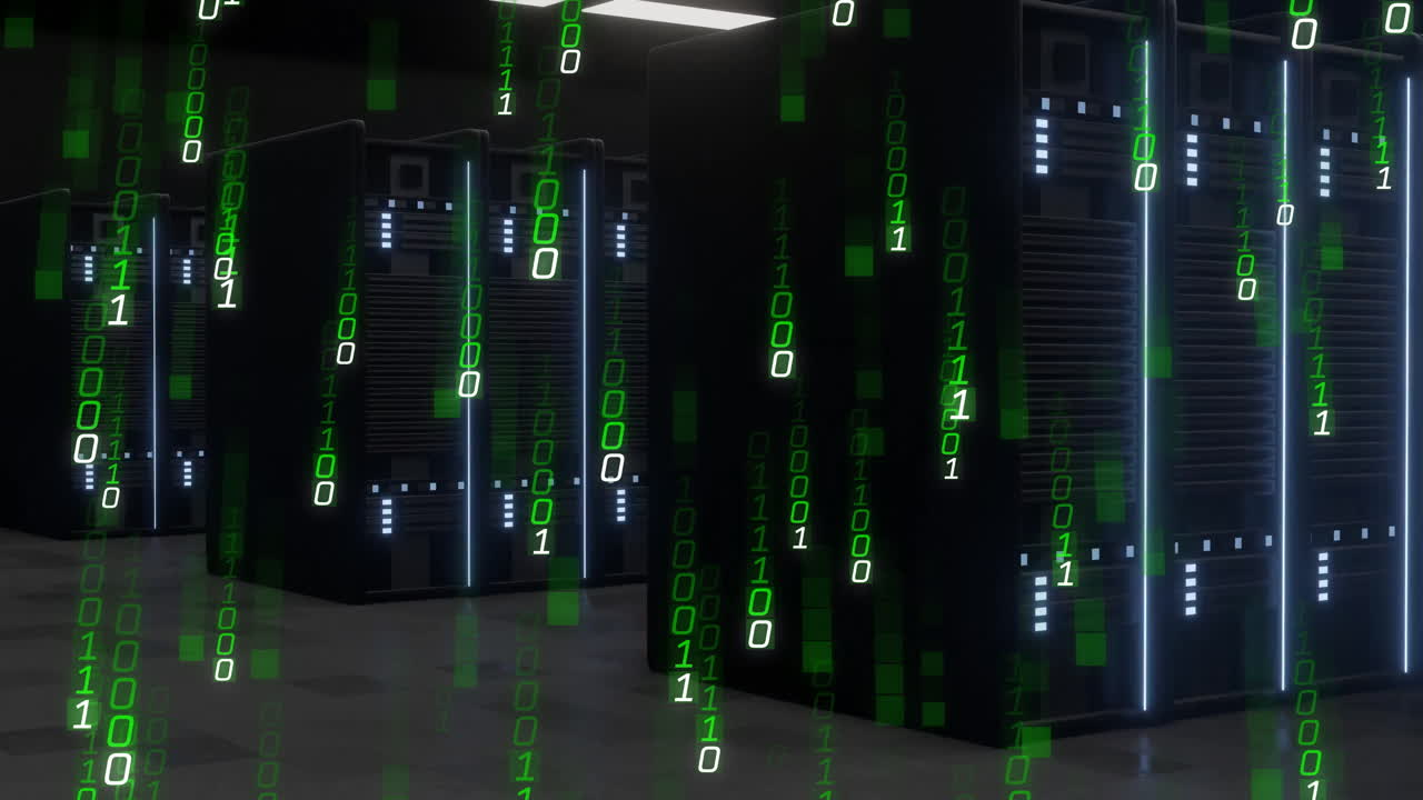 Binary code flowing over servers in data center environment, showcasing technology