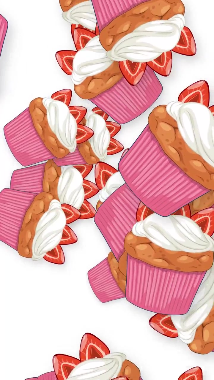 Cupcakes de morango de desenho animado com glacê branco caindo e rolando contra um fundo branco limpo.