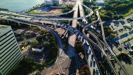 drone view of elevated highway and vehicle traffic in jacksonville florida, usa