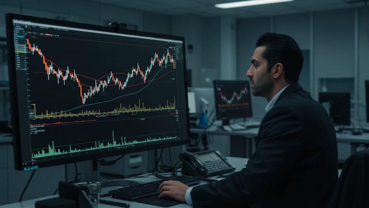 Focused Analysis of Financial Data on Dual Monitors: A Professional Examines Market Trends and Price Fluctuations in a Modern Office Environment