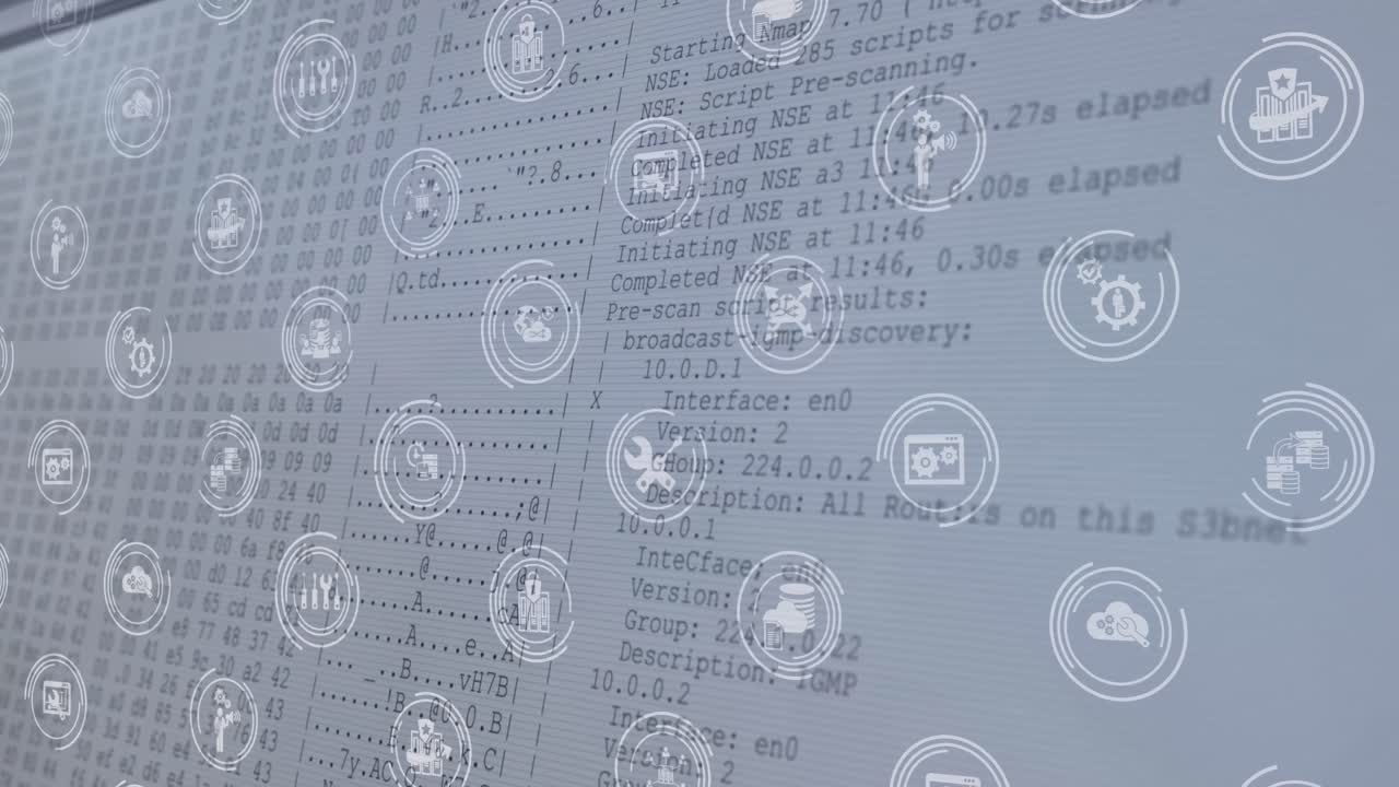 animación de una red de iconos digitales sobre el procesamiento de datos contra un fondo azul