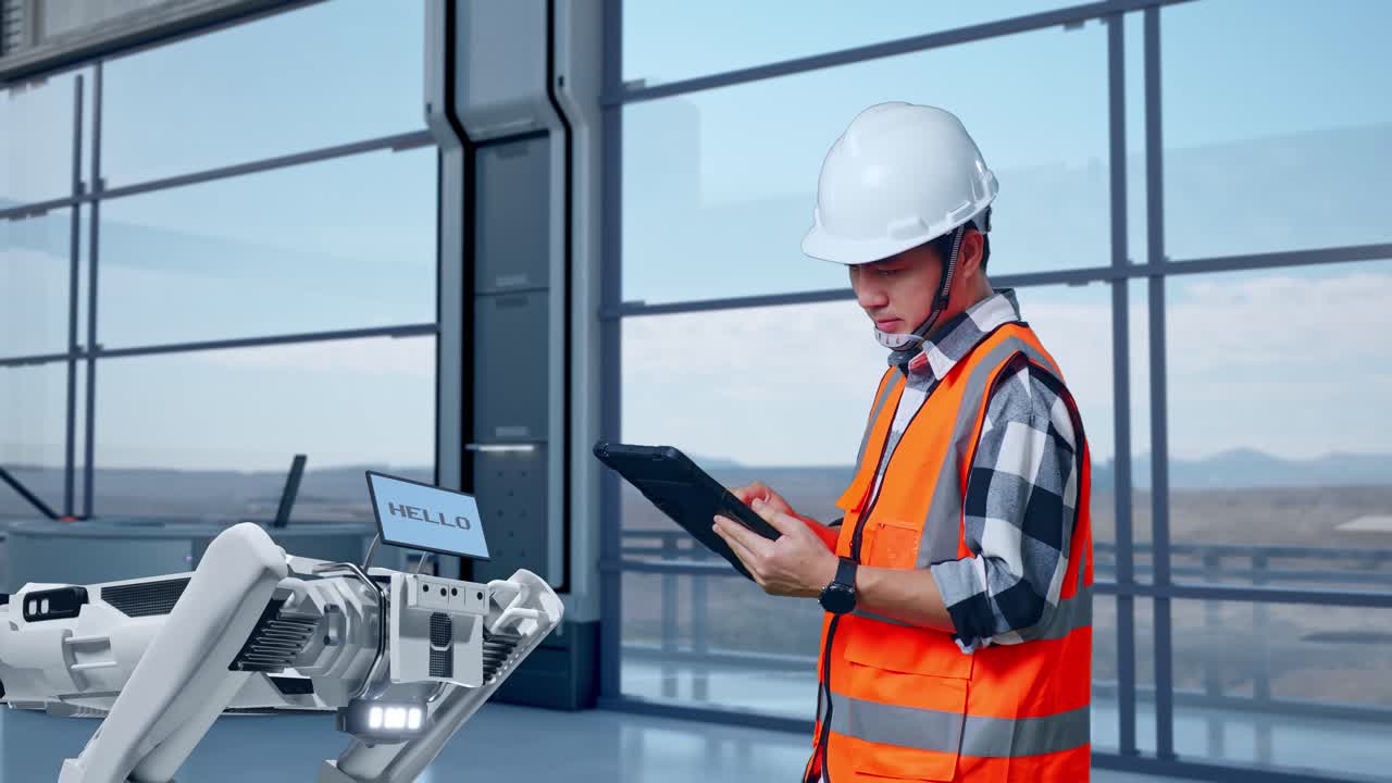 vista lateral de un ingeniero asiático con casco de seguridad trabajando en una tableta mientras está de pie en una fábrica de alta tecnología, analizando el concepto de máquina robótica