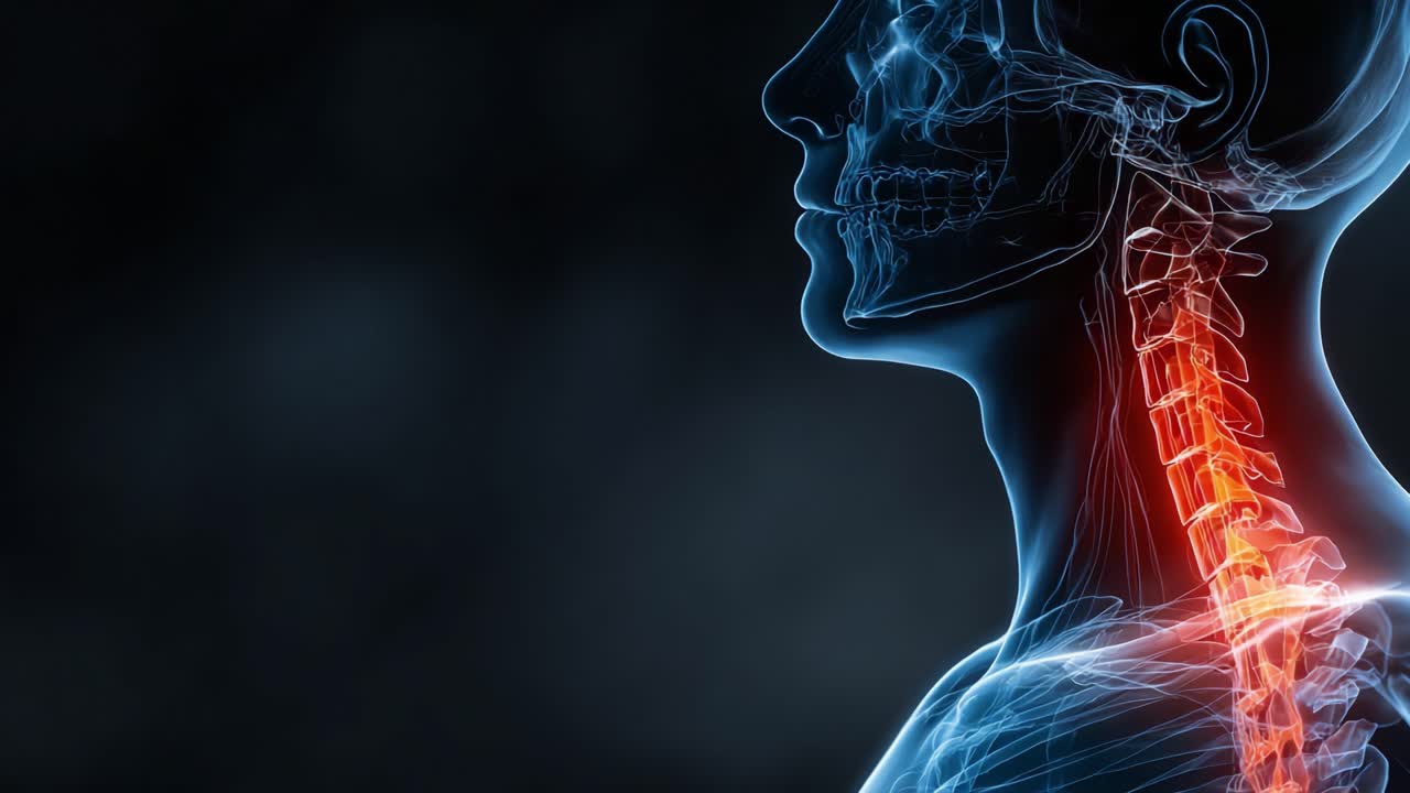 Visualizzazione Anatomica del Collo Umano: Analisi Dettagliata delle Strutture Cervicali che Evidenzia Nervi e Tessuti in Stile Trasparente